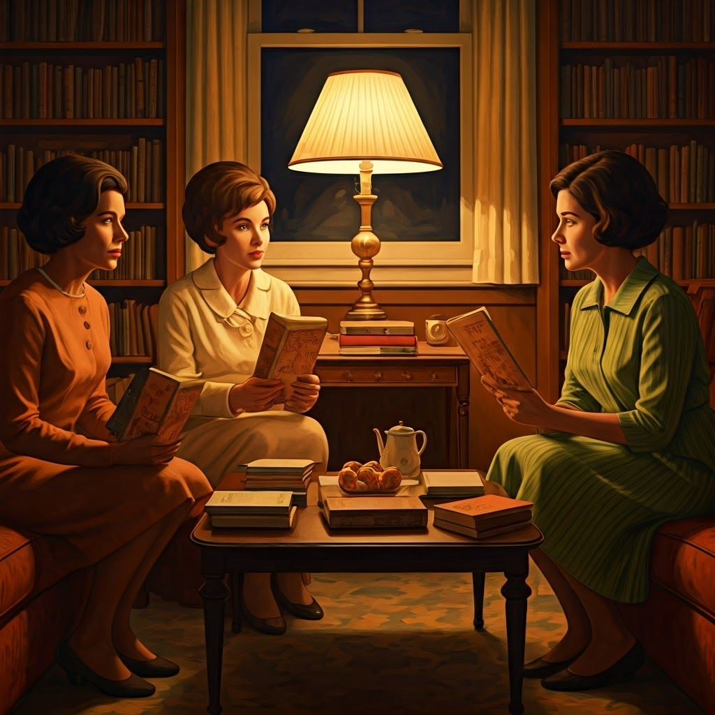 Women in a 1960s living room discussing The Feminine Mystique, capturing early feminist awakening.