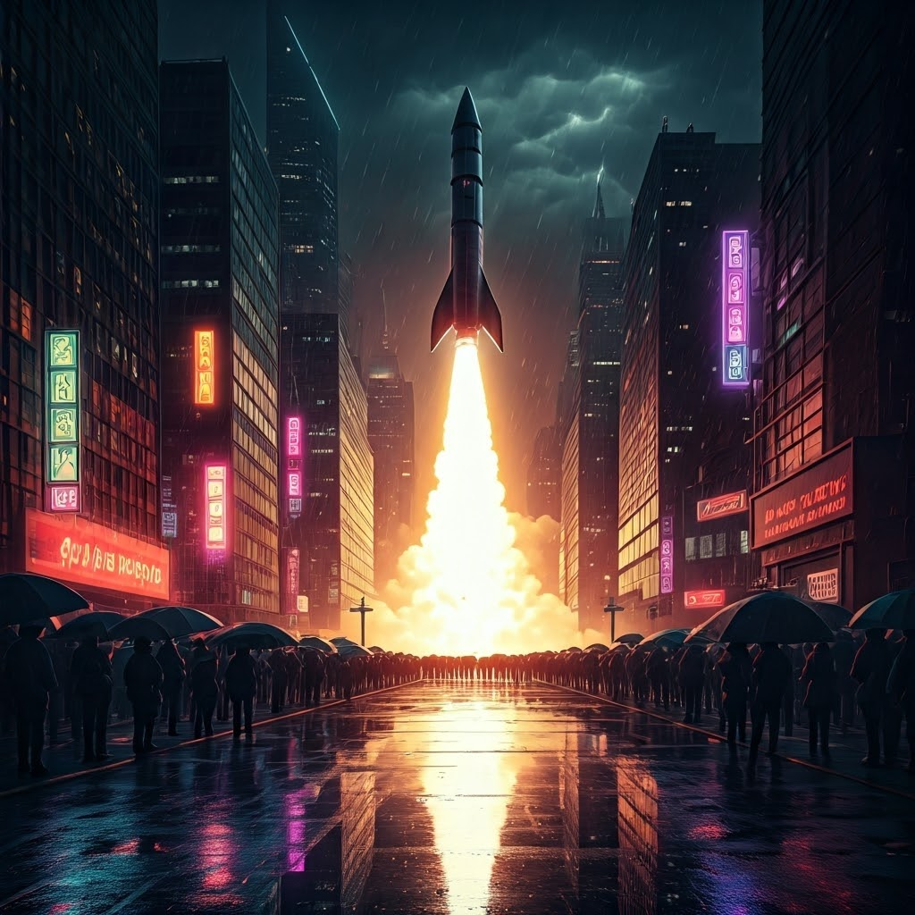 Nighttime rocket lifts off from a neon-lit city launchpad while crowds watch under glowing umbrellas