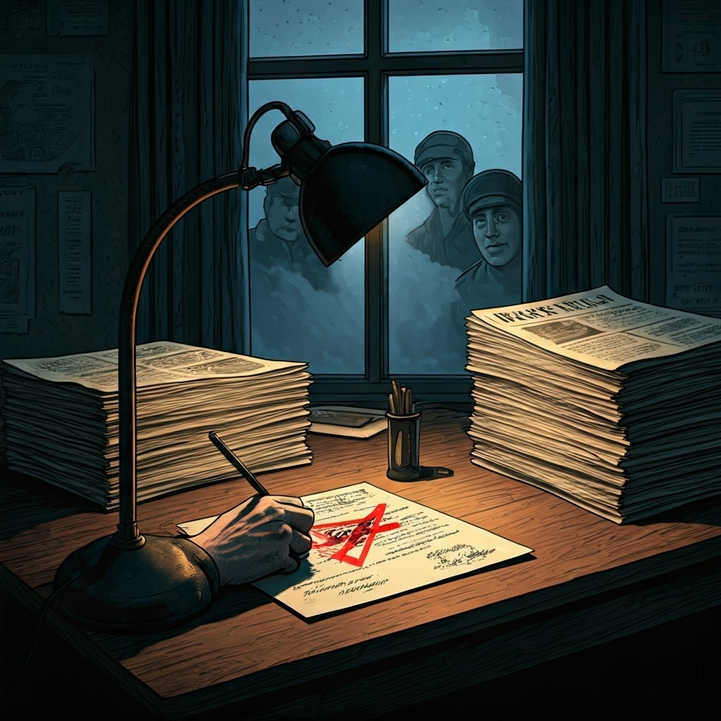 Desk scene where a censor blacks out lines in a soldier’s letter, underlining strict information control