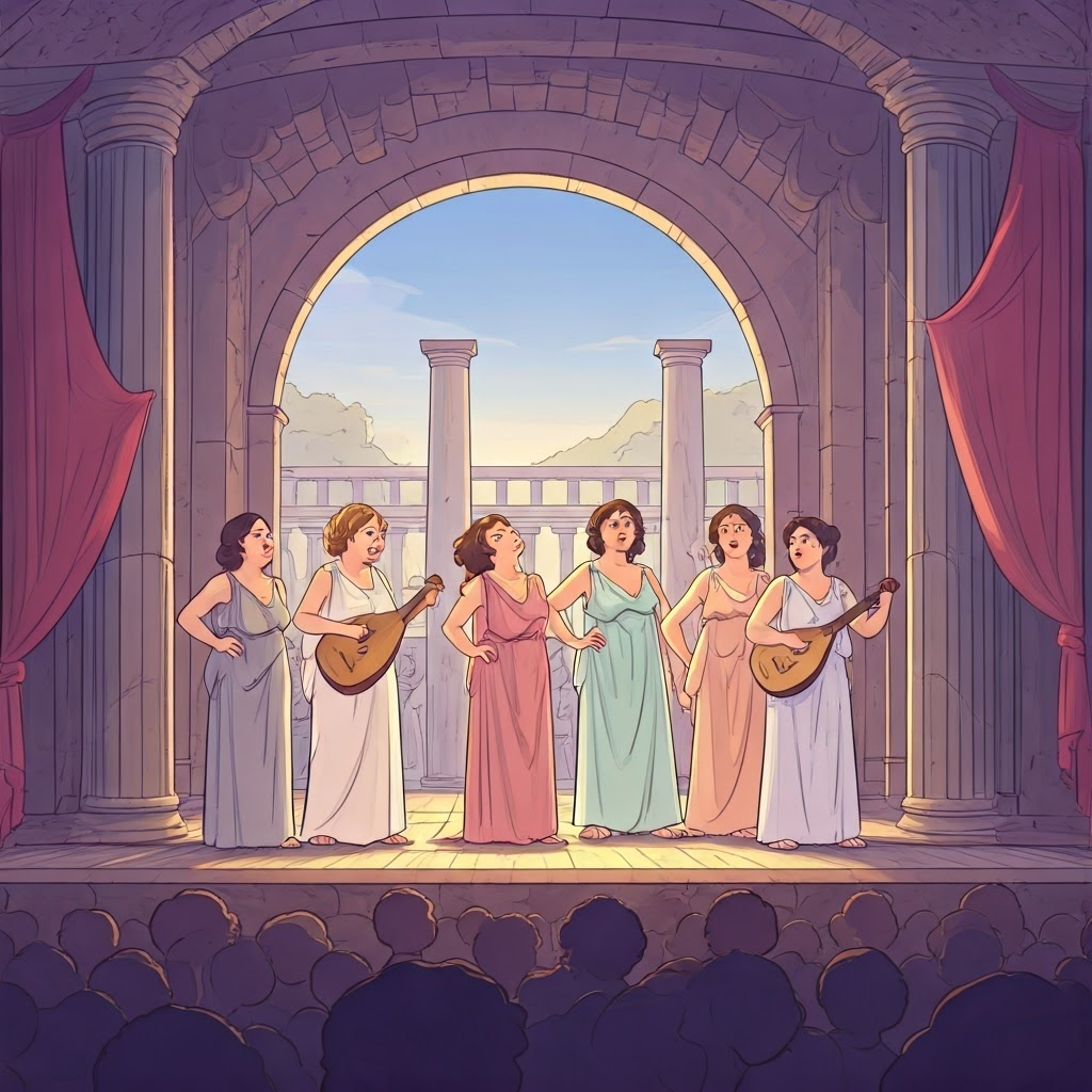 On a colorful Athenian stage, women laugh and plot together, capturing comedy’s exaggerated fears about female autonomy.