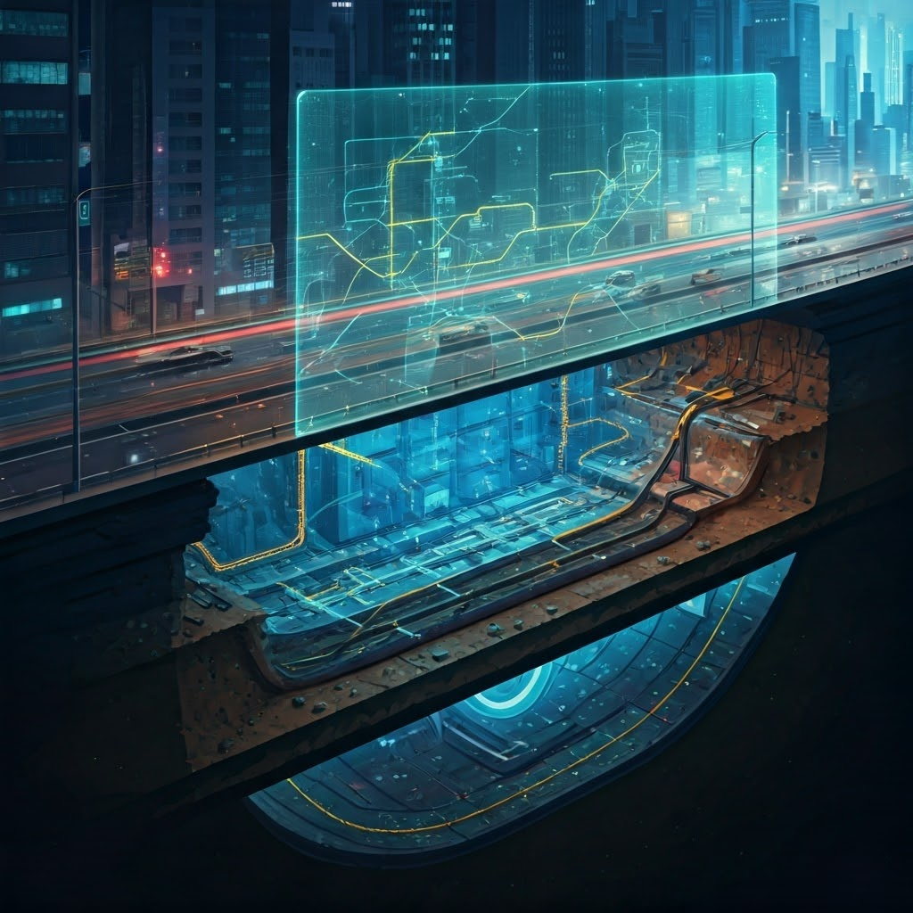 Isometric cityscape showing long-haul fiber routes beneath roads, alongside a glowing TeleGeography style network map.