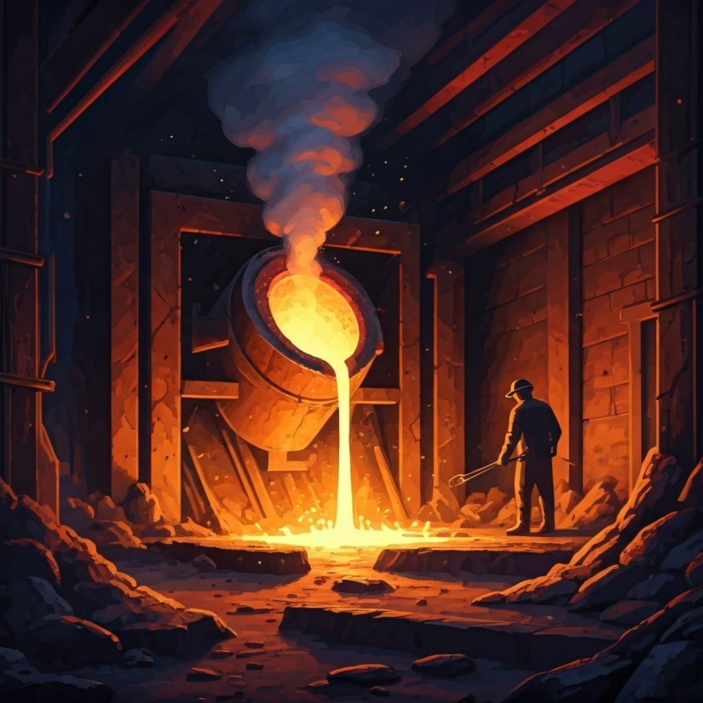 Molten copper pours into simple sand channels on a workshop floor, glowing orange against dark walls.