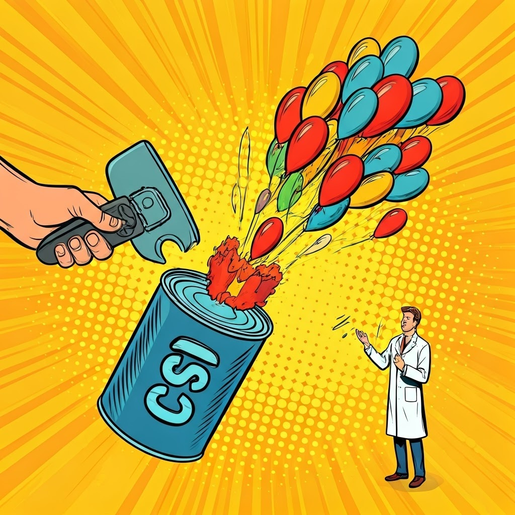 Pop-art can opener cracks a CSV can, releasing colorful rows of data while a scientist looks on amazed