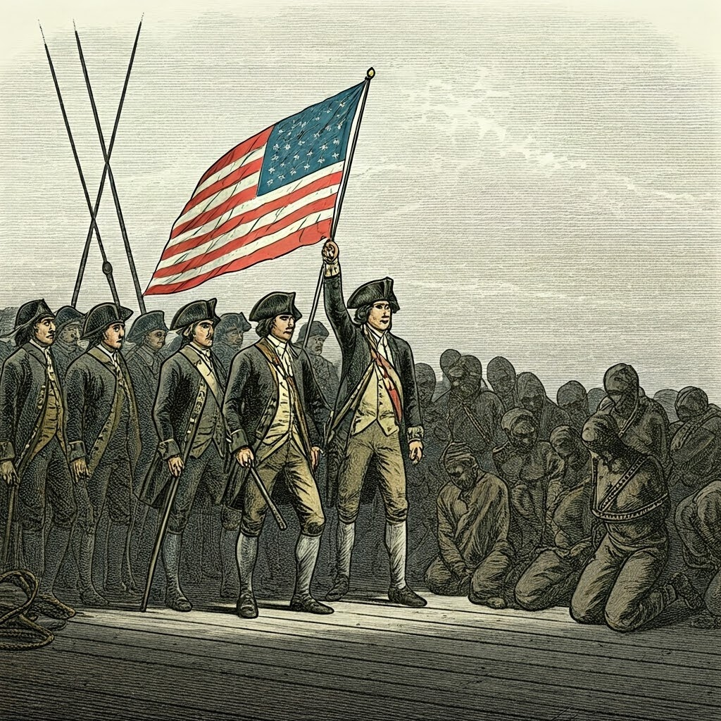 Colonists protest British rule on a ship deck while faint images of the enslaved reveal hidden hypocrisy.