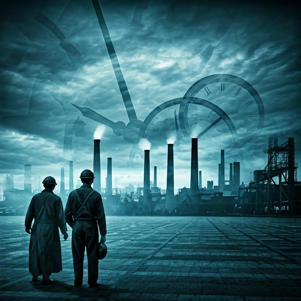 Surreal skyline of giant clock hands and fading workers, capturing the mental weight of industrial time discipline.