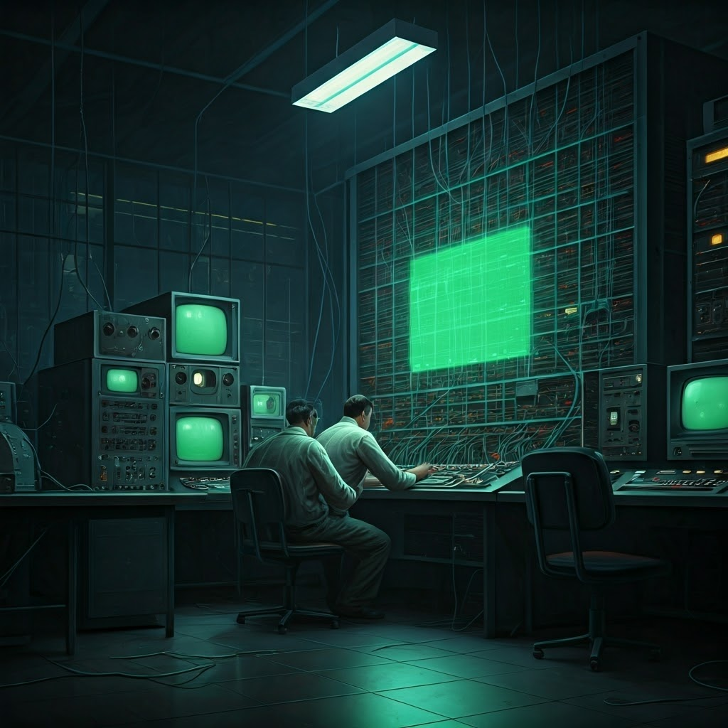Oil painting of a 1960s university computer lab where two engineers study a mainframe, capturing the birth of ARPANET.