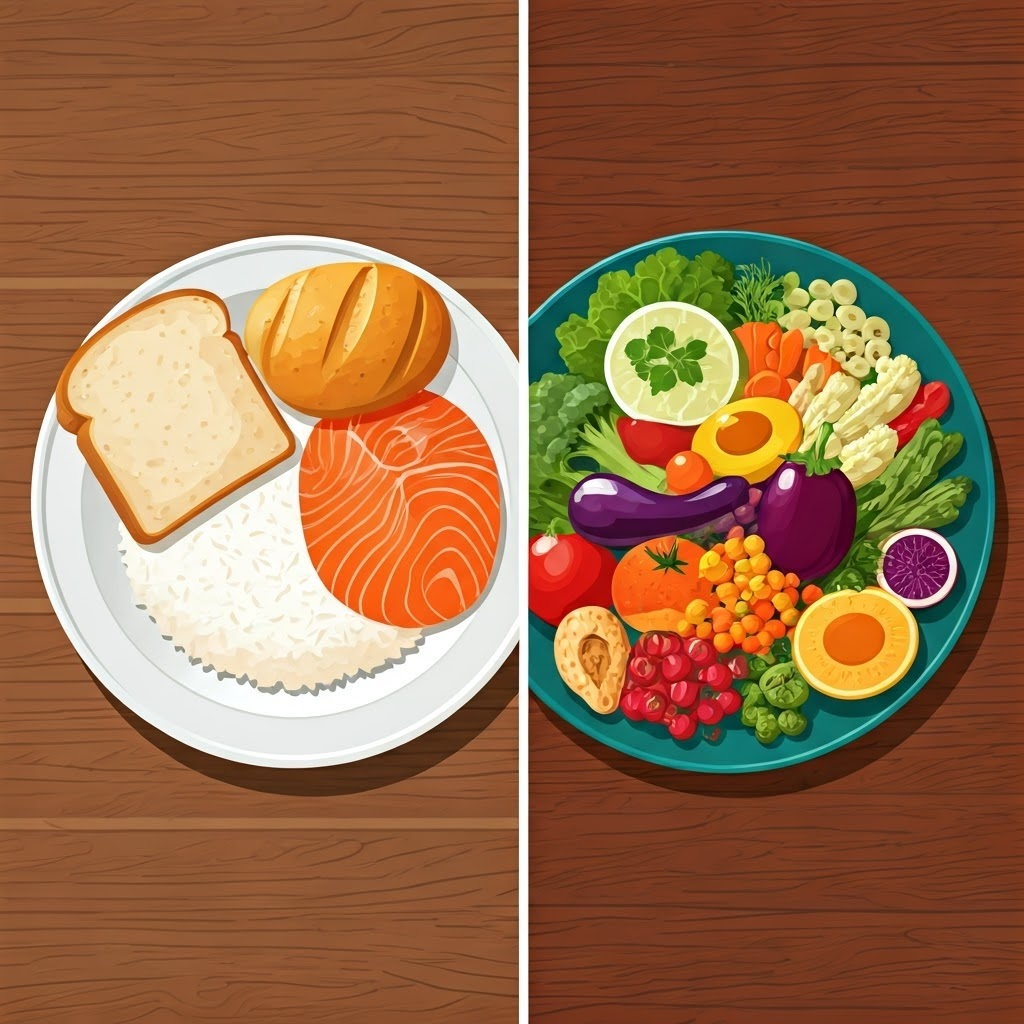 Side-by-side plates: plain white carbs versus colorful produce, grains, and lean protein
