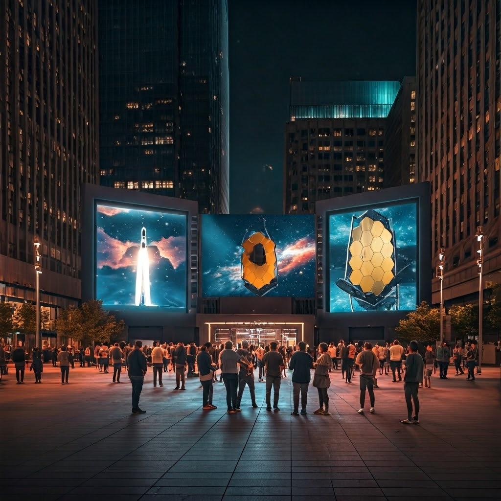 A diverse crowd in a city plaza watches a SpaceX launch and James Webb images on giant screens