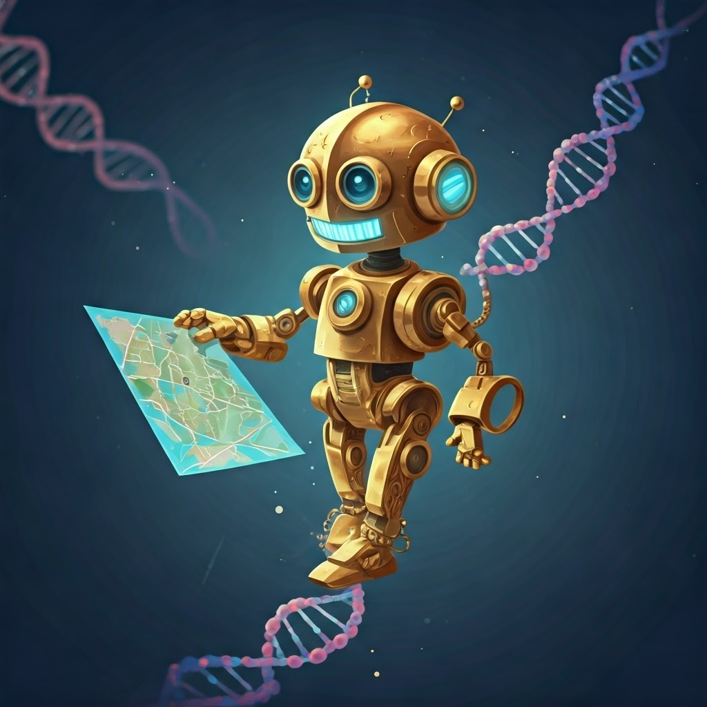 Playful robot scissors holding a holographic map above a DNA strand, symbolizing programmed precision