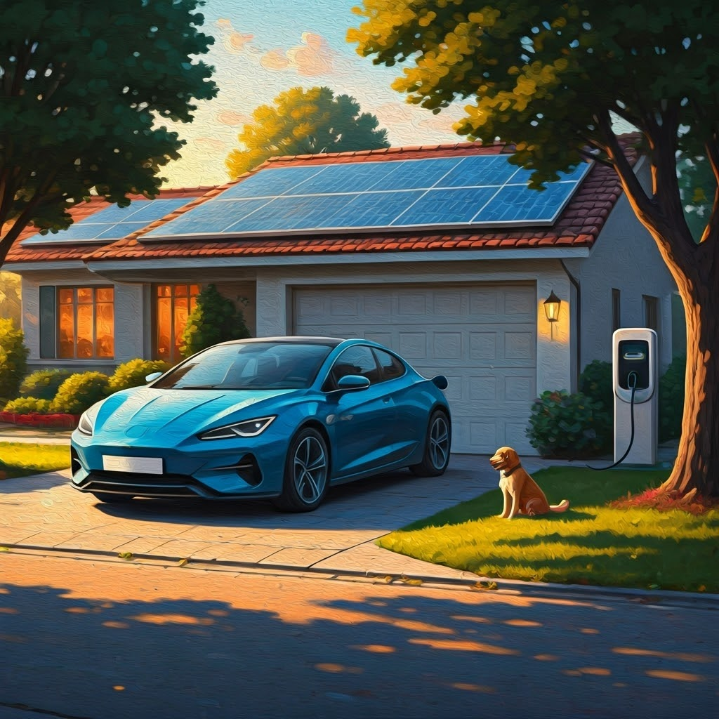 Solar-equipped home driveway with Level 2 charger and happy family dog, depicting affordable energy