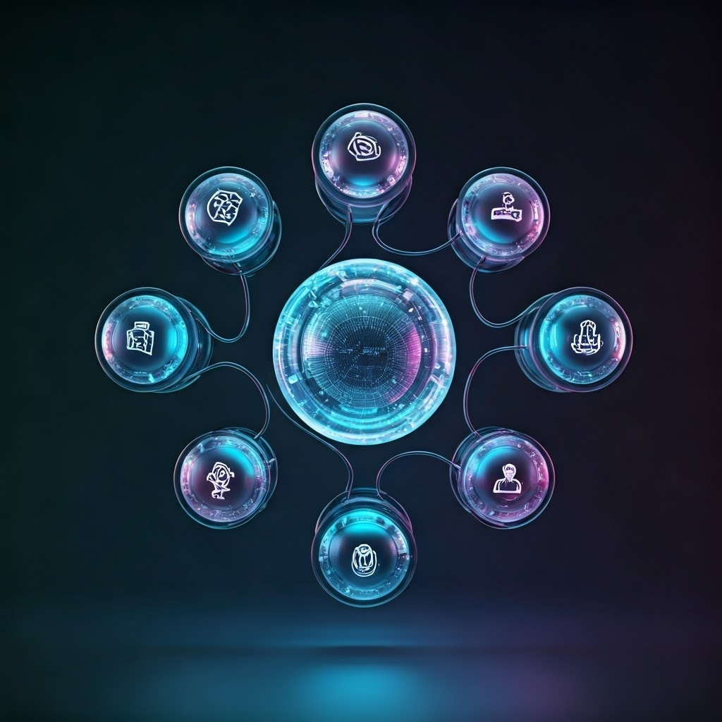 Nine glowing translucent orbs, each labeled with a flow component, linked by thin fiber-optic lines on a dark backdrop, highlighting their interconnection