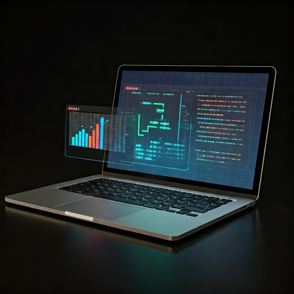 Laptop with glowing windows shows CSV grid, JSON tree, and text file, representing multiple data formats