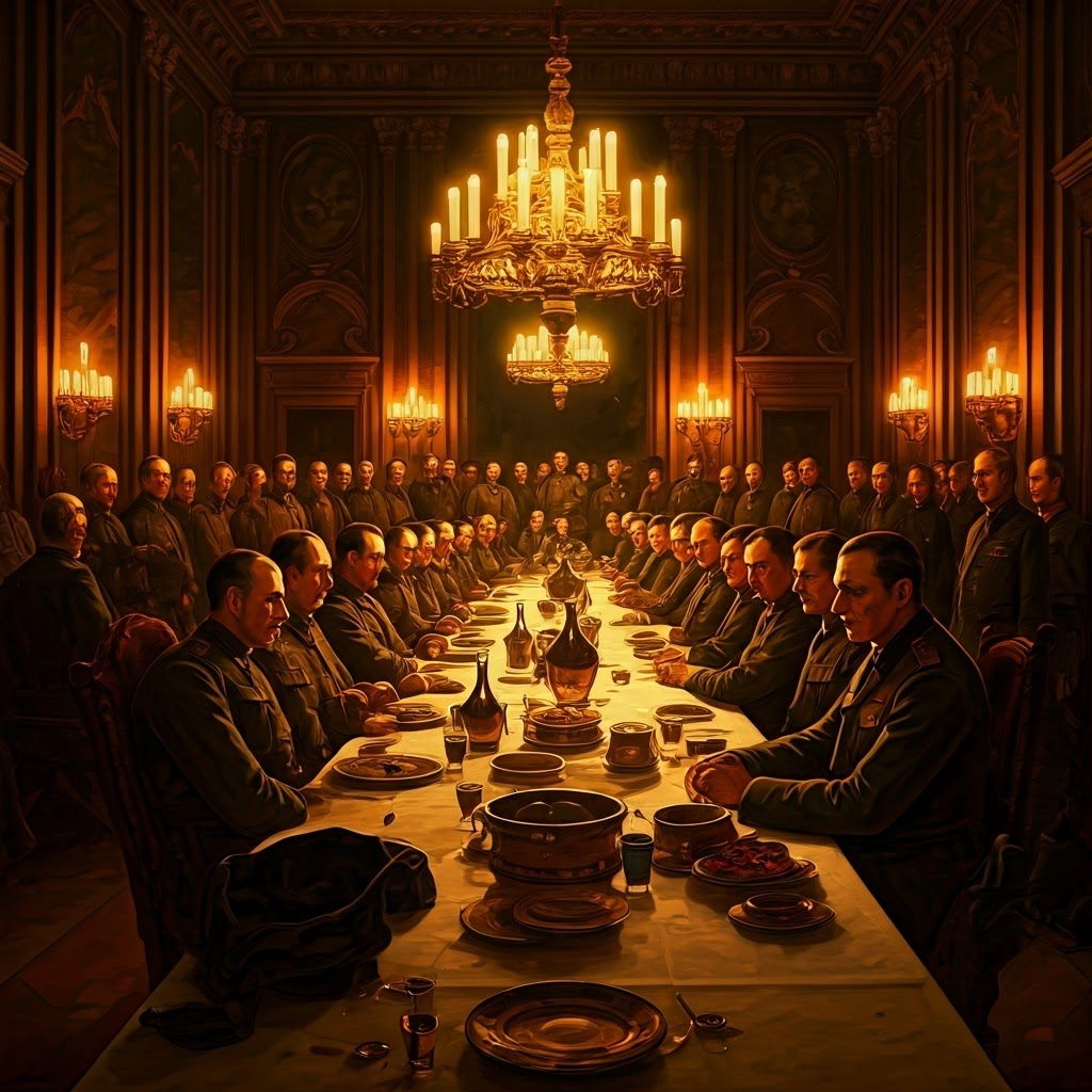 World War I victors meet in a dim grand hall to draft the Treaty of Versailles, tension visible across the table