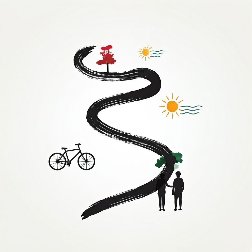 Simple ink path with icons—a bike, sun, tree, and chatting neighbors—showing a four-step story.