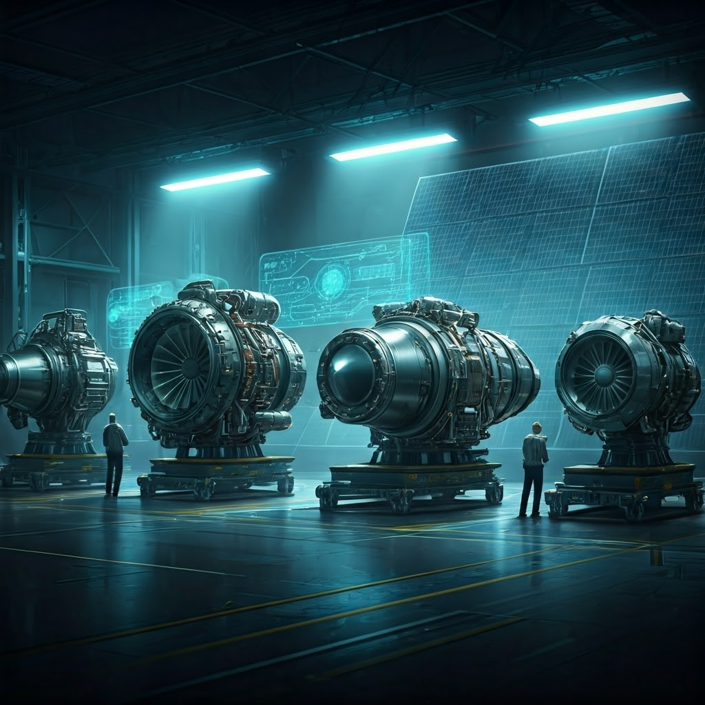 Inside a futuristic assembly bay, engineers inspect chemical, nuclear, ion, and Hall-effect propulsion modules under bright lights with holographic schematics floating nearby