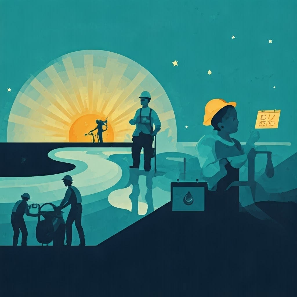 Modern flat-design poster showing farmers, engineers, and neighbors sharing water against a stylized river and rising sun.
