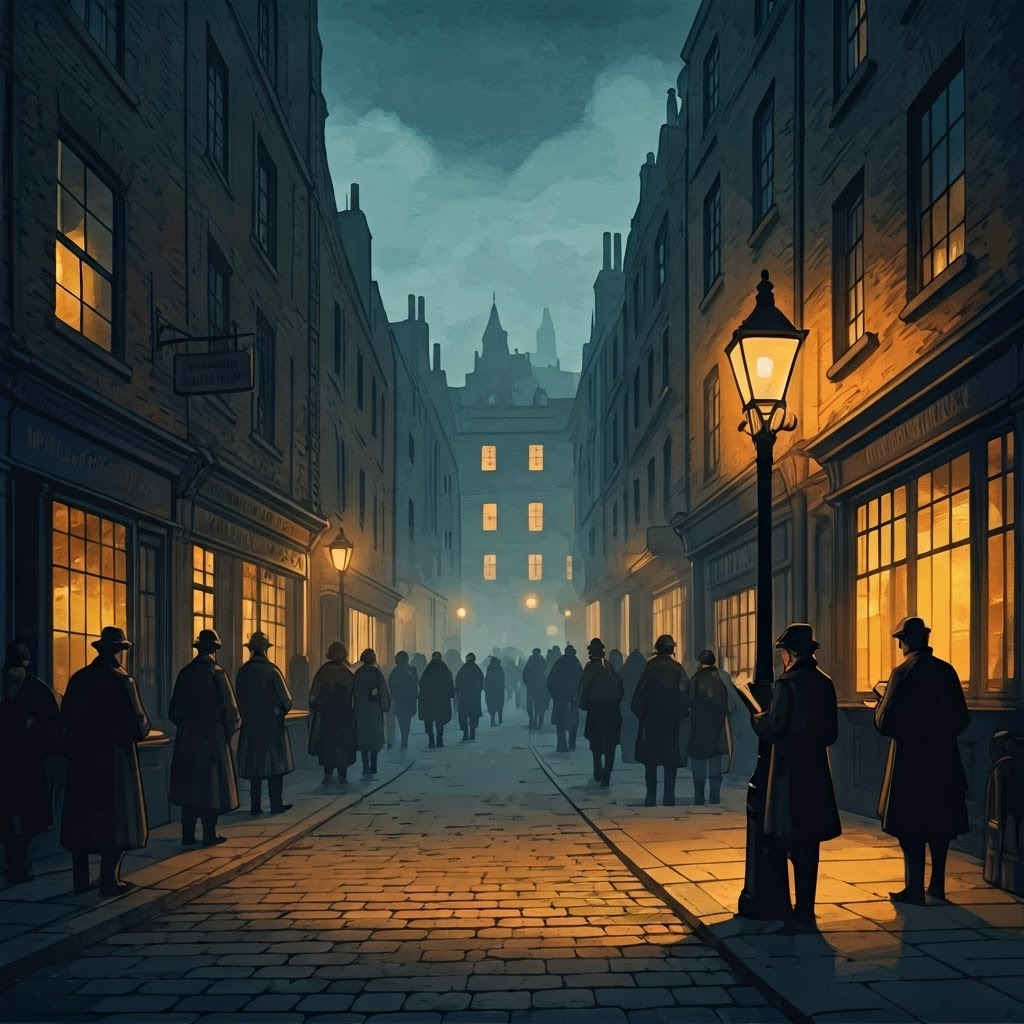 Foggy London street with crowds, vendors, and a writer jotting notes—turning the city into a living character