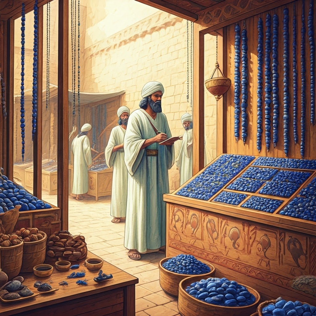 Ancient Mesopotamian market with traders haggling over lapis beads at painted wooden stalls