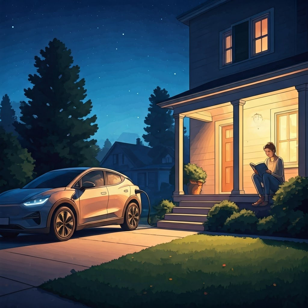 Quiet suburban driveway at night with an EV slowly charging, showing routine home use