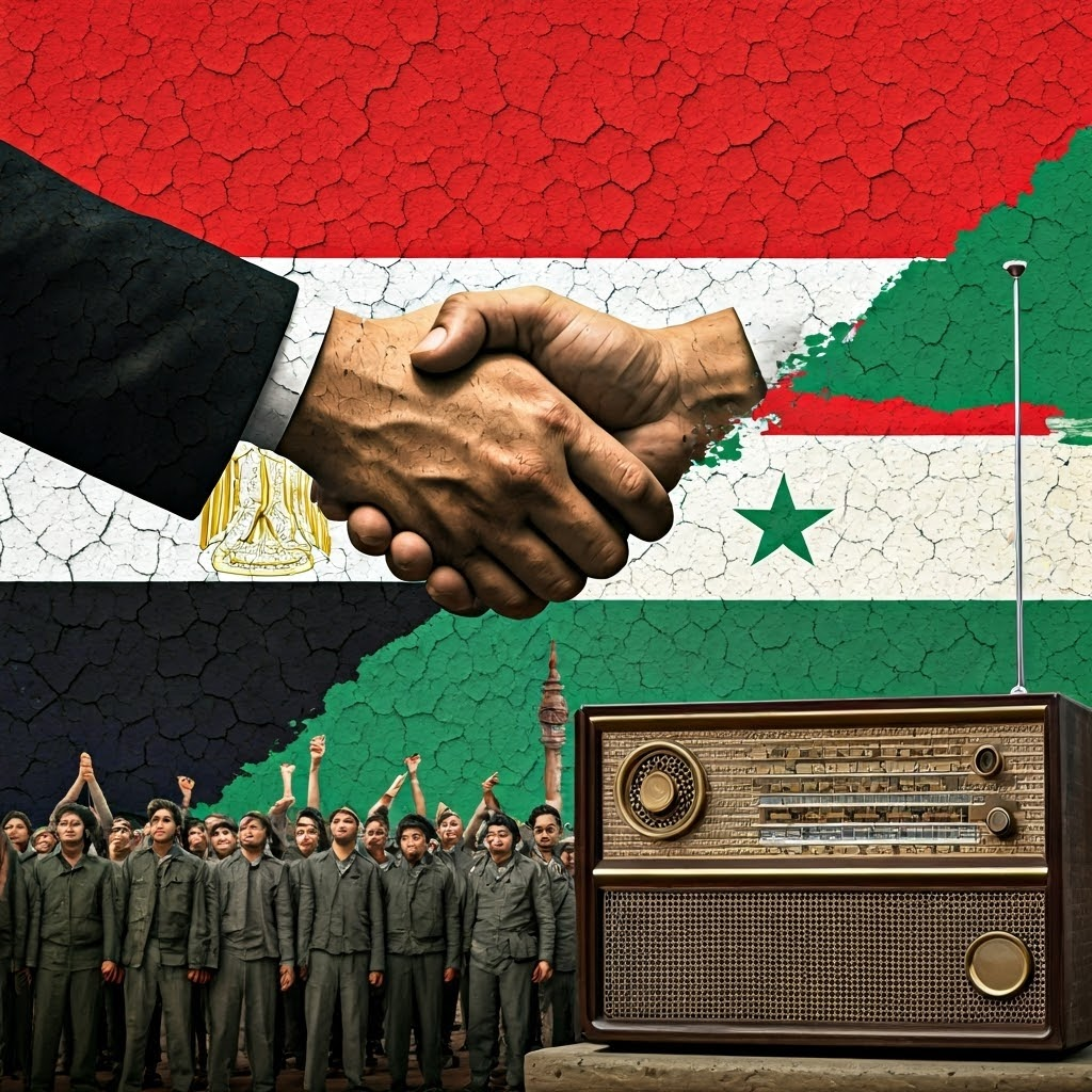 Collage of Egypt and Syria handshake fading, cracked posters, radio tower broadcasts—brief United Arab Republic experiment