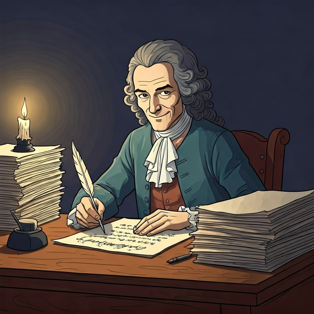 Pastel comic panel of Voltaire drafting satire at a candlelit desk, sly smile shining beside stacks of Candide pages