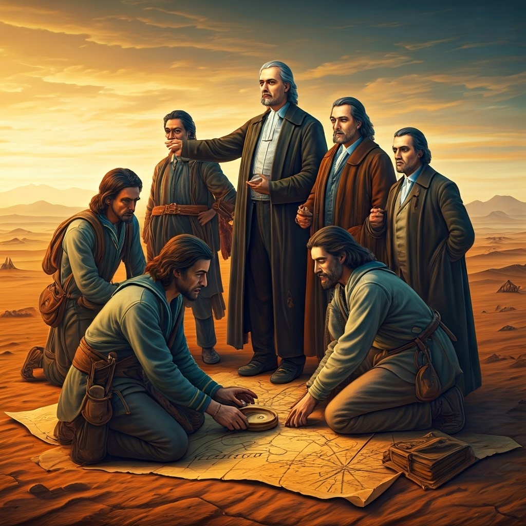 Group of sailors and missionaries studying a map and compass, highlighting early Protestant efforts to reach distant colonies