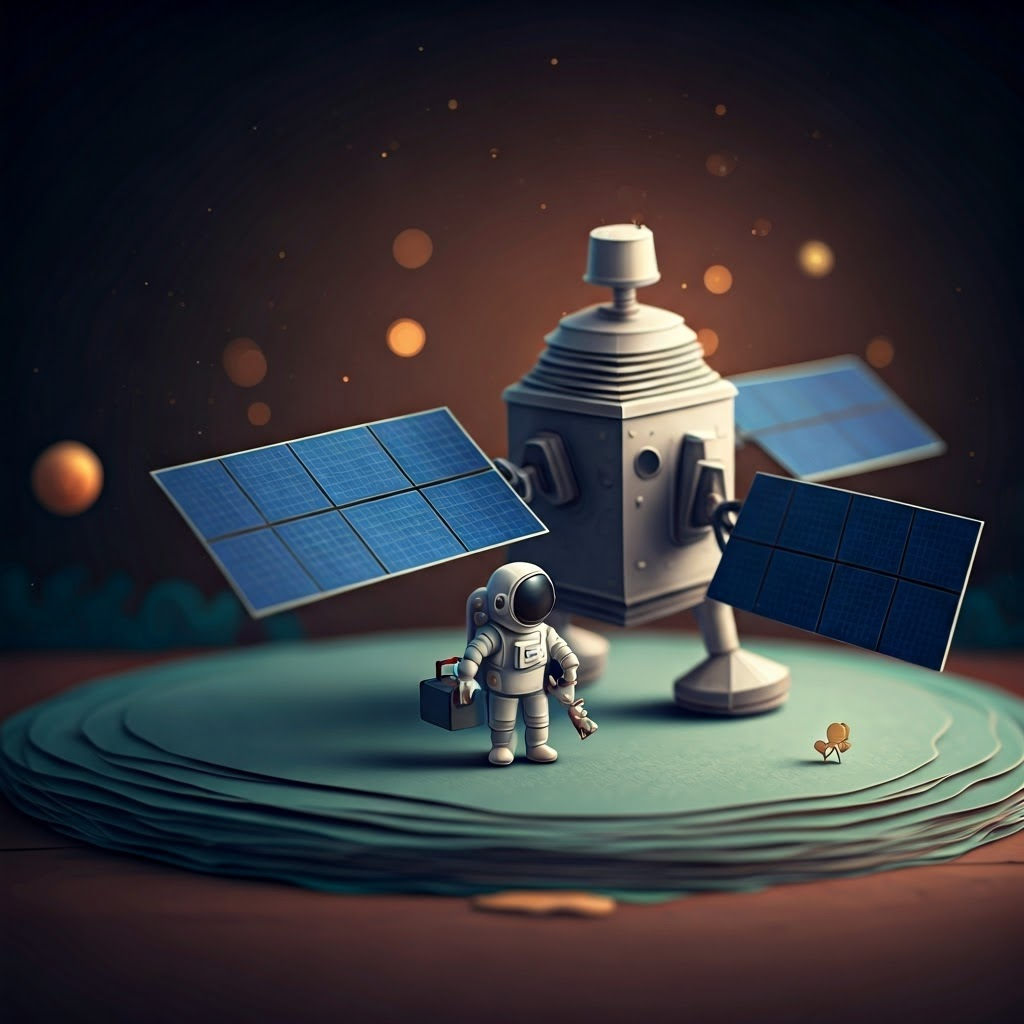 Papercraft satellite unfolding thin solar panels to illustrate deployable structures that save launch volume