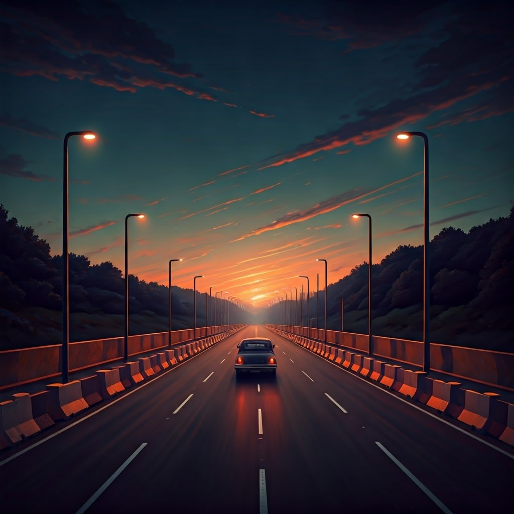 A lone vintage car cruises down an otherwise empty neon-lit highway, illustrating wasted space on a dedicated route.