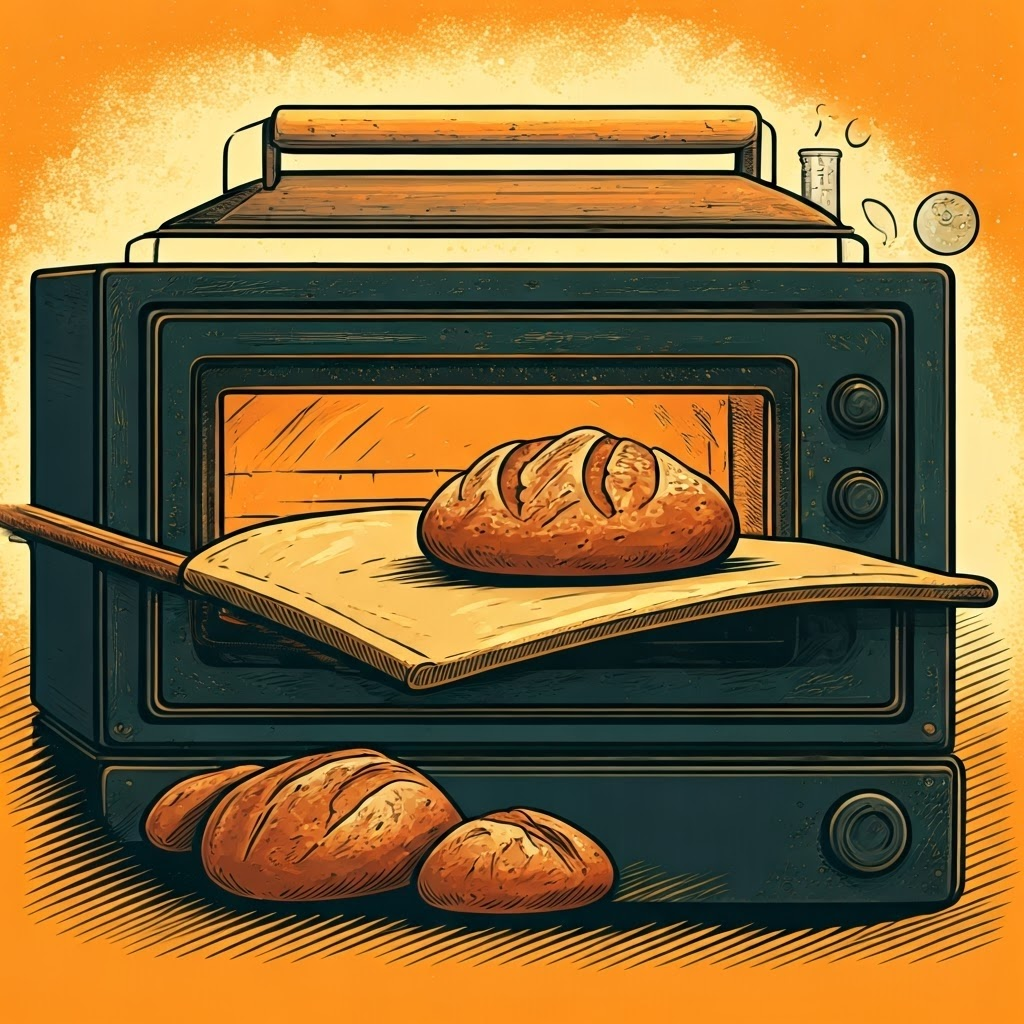 Graphic novel panel of baker pulling sourdough loaf, bubbles and lab icons showing microbial teamwork