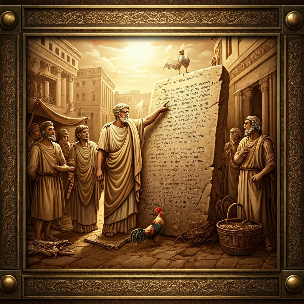 Fishmonger and senator examine public bronze law tablets in a busy marketplace