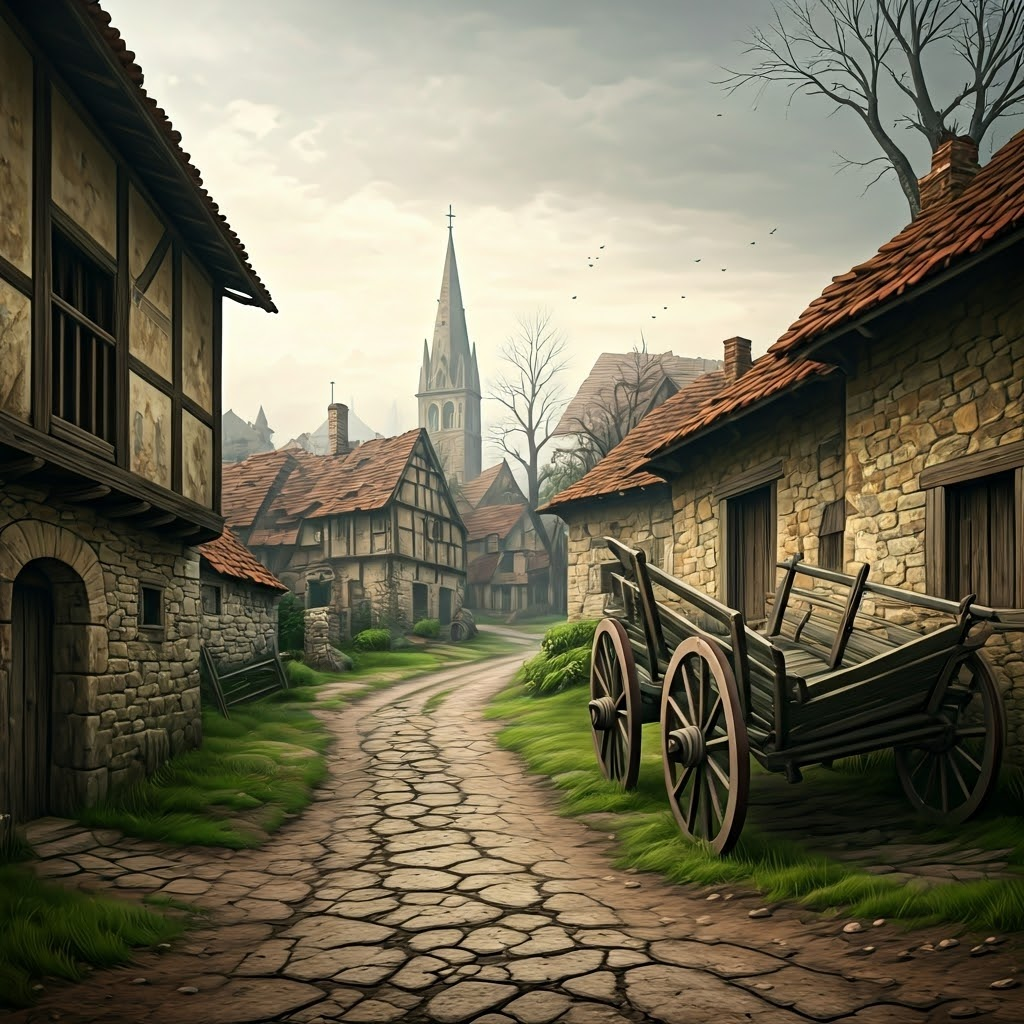 Abandoned medieval village with empty cottages and overgrown fields beneath a gray sky