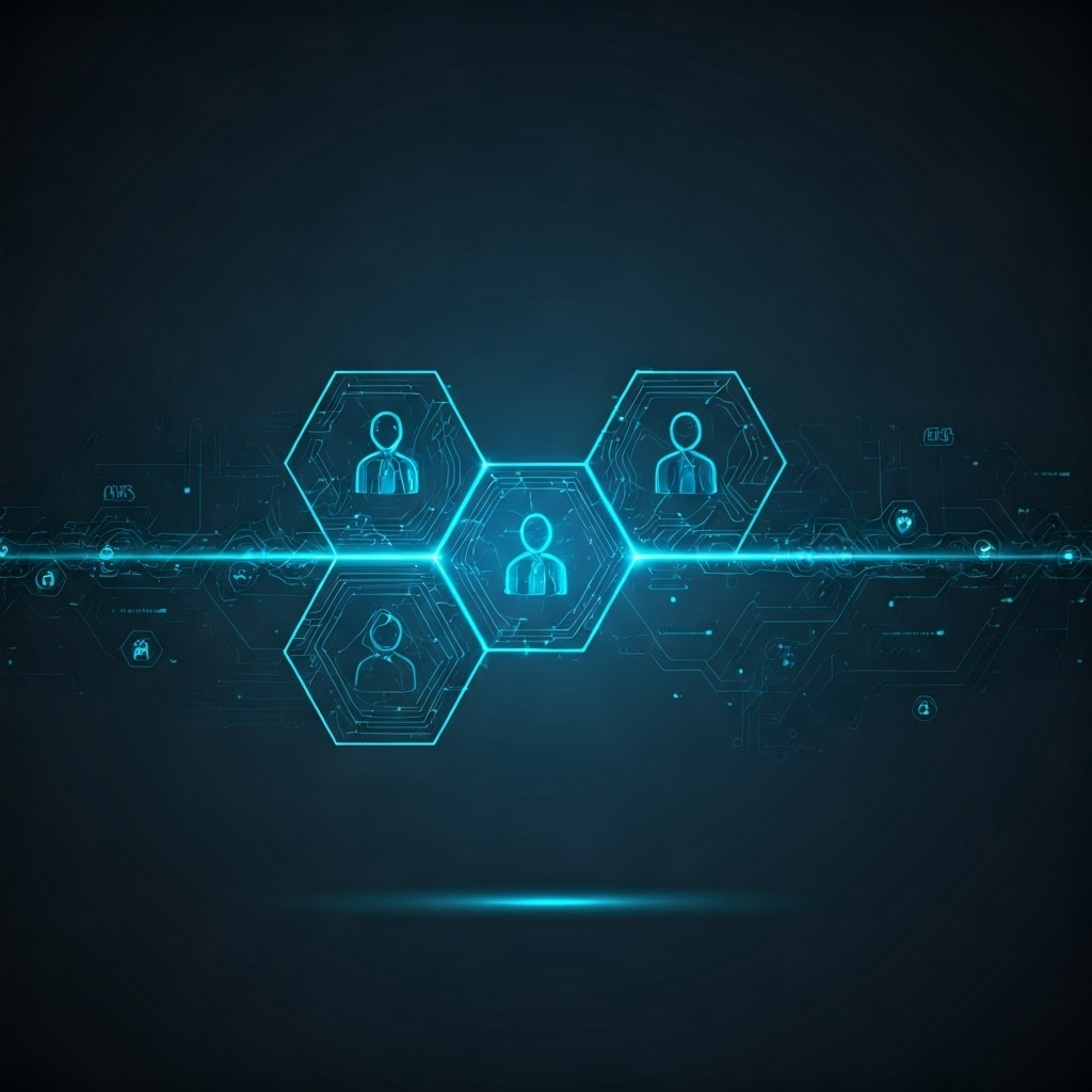 Infographic of hexagonal nodes forming a chain, emphasizing decentralized verification