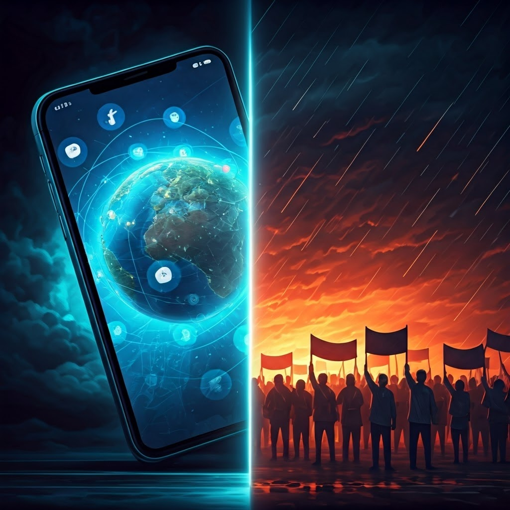 Split-screen of a glowing smartphone linking the globe and street protesters under dramatic neon light.