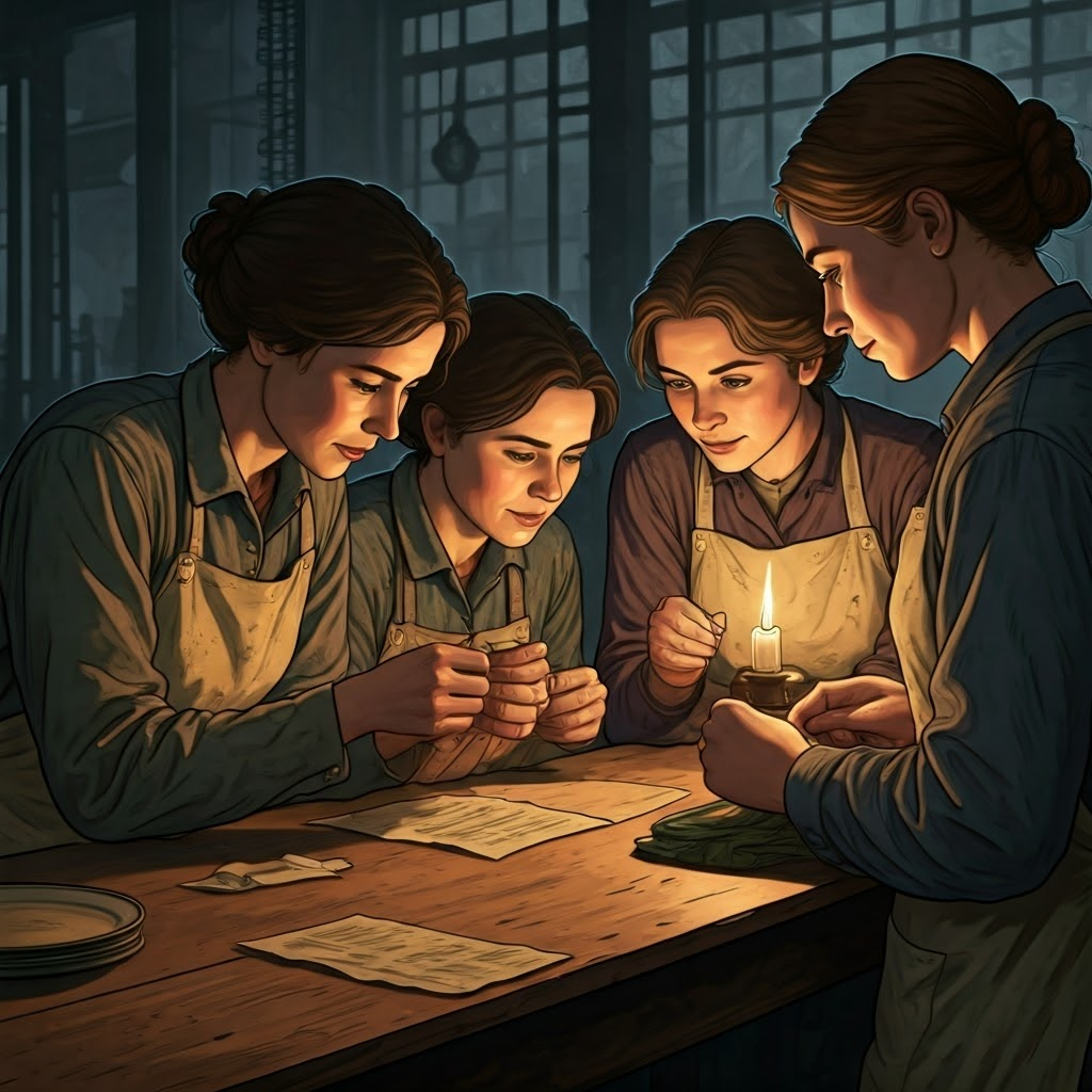 Factory women lean together by lamplight, folding secret protest leaflets that signal growing solidarity.