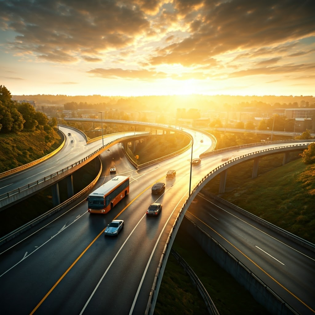 HDR sunrise over tangled highway interchange—metaphor for collisions at a traffic intersection.