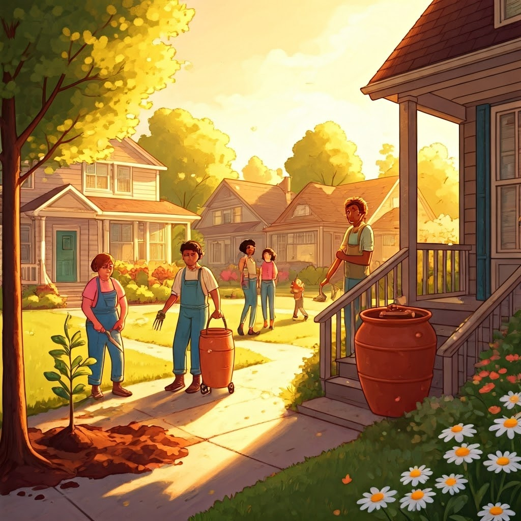 Neighbors planting a tree and installing a rain barrel, showing community-level climate action.