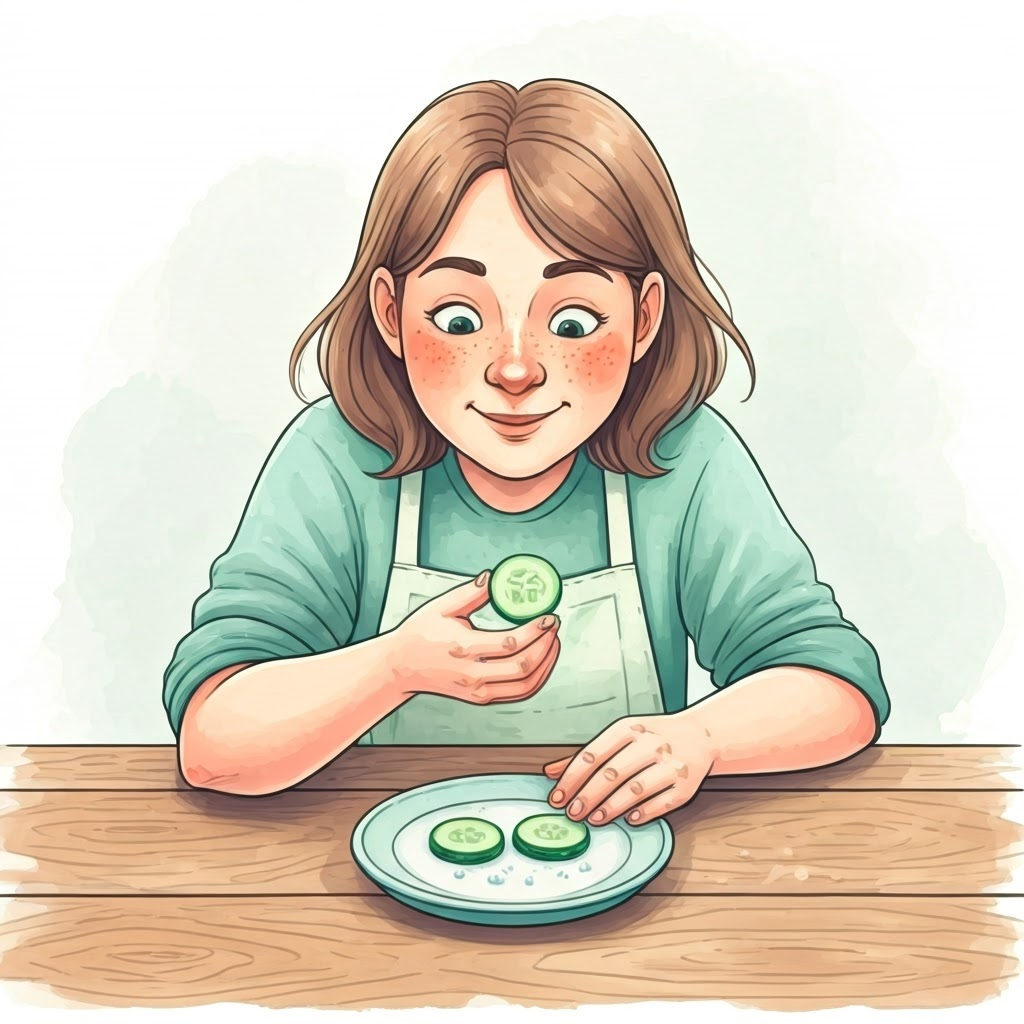 Watercolor scene of a home cook comparing plain and salted cucumber slices at a rustic table, soft pastel greens