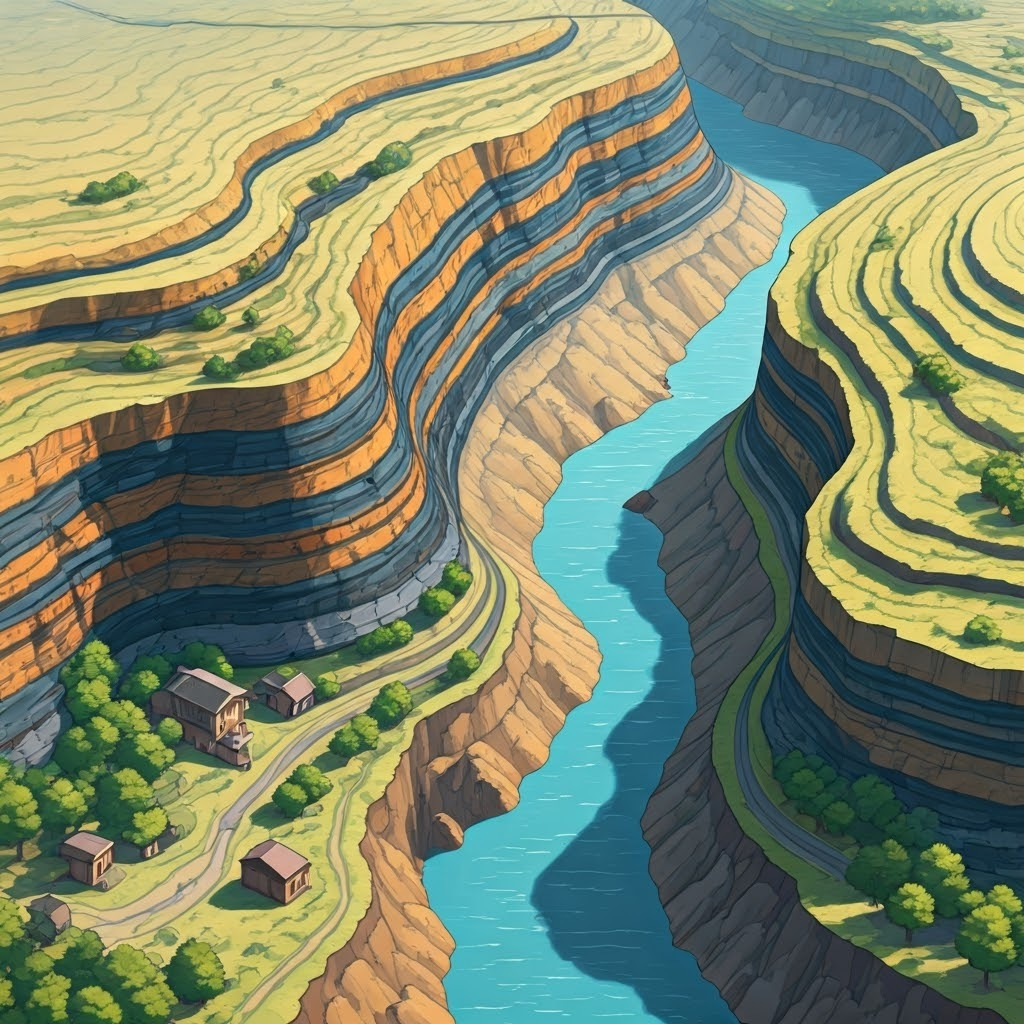 Isometric valley map showing close seams of iron ore limestone and coal beside the River Severn, underlining Ironbridge’s natural advantages.