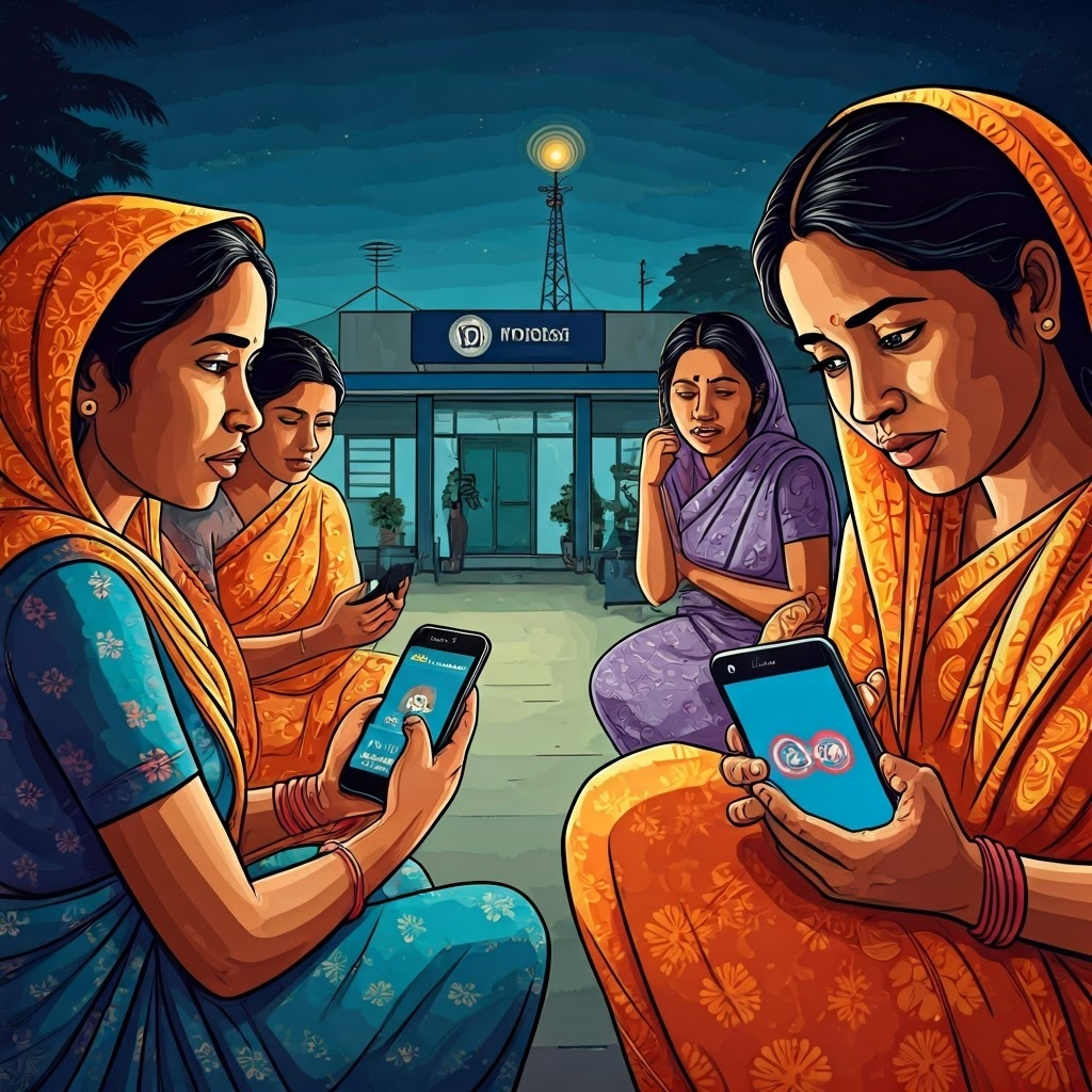 Women in a rural circle use phones with M-Pesa and Grameen logos while an empty bank looms behind them.