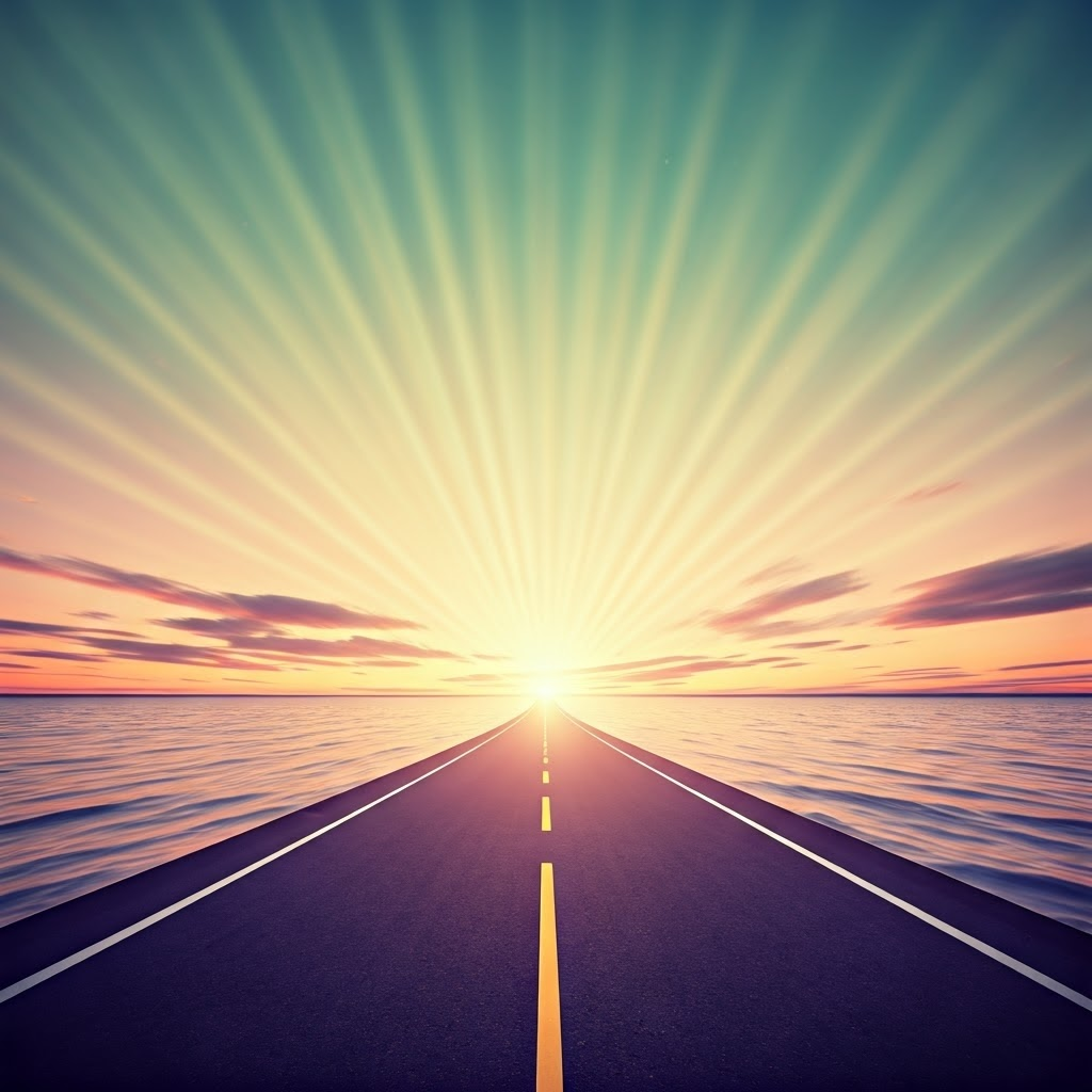 A winding road of open books and luminous horizons, reflecting a deeper understanding of truth