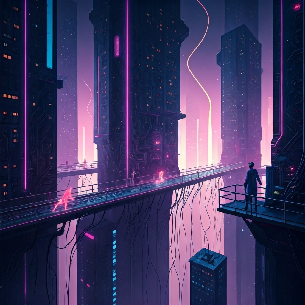 Sci-fi cityscape visualizing action potentials racing along myelinated axons to depict rapid neural signaling