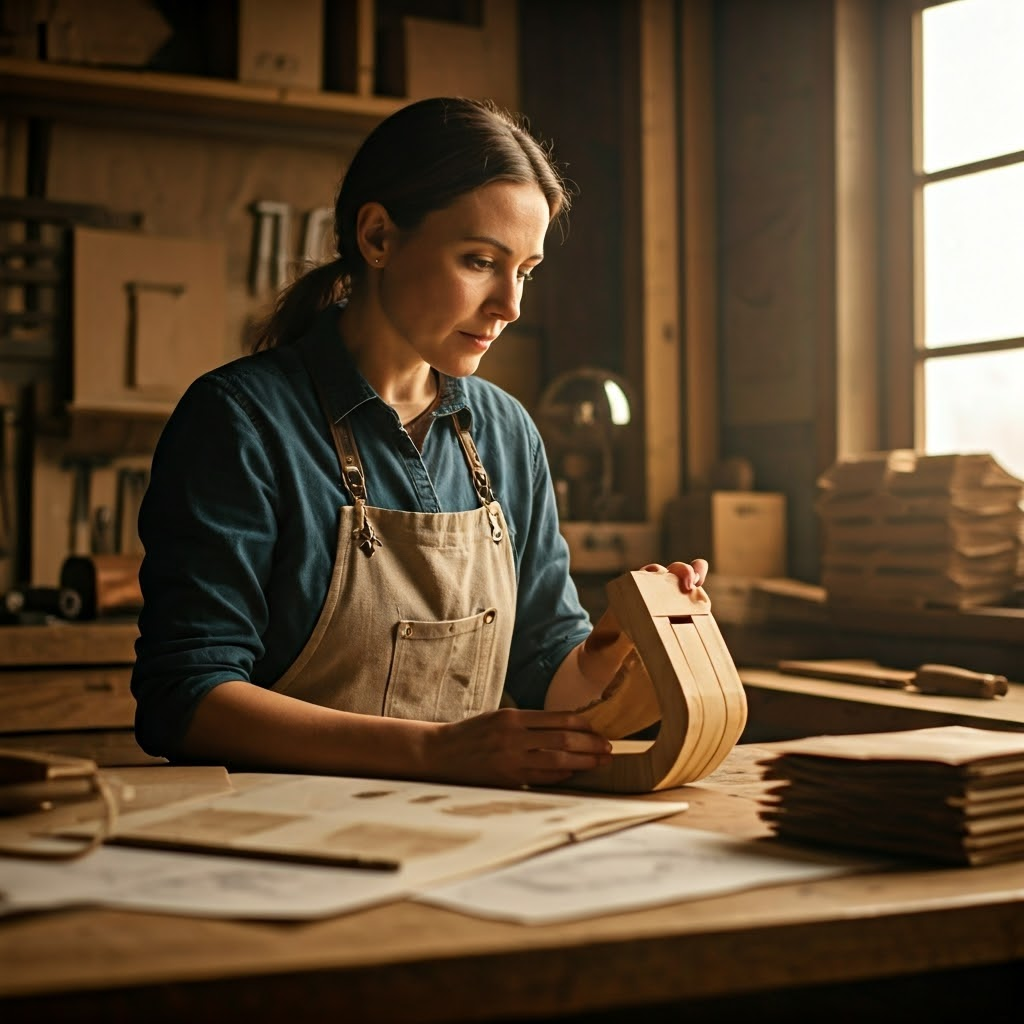 Margaret Knight studies a wooden prototype of her flat-bottomed paper-bag machine in a sunlit workshop filled with sketches and tools.