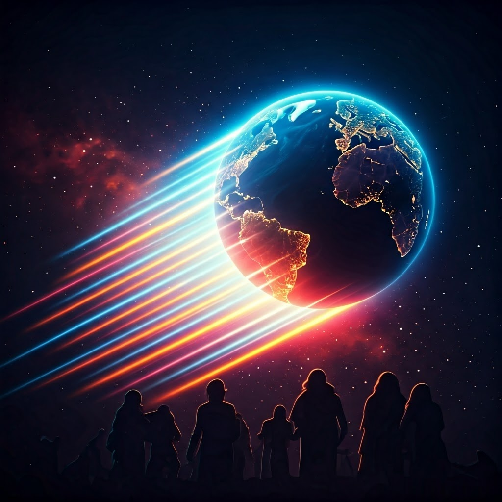 Retro-futuristic Earth spinning in space, challenging old beliefs.