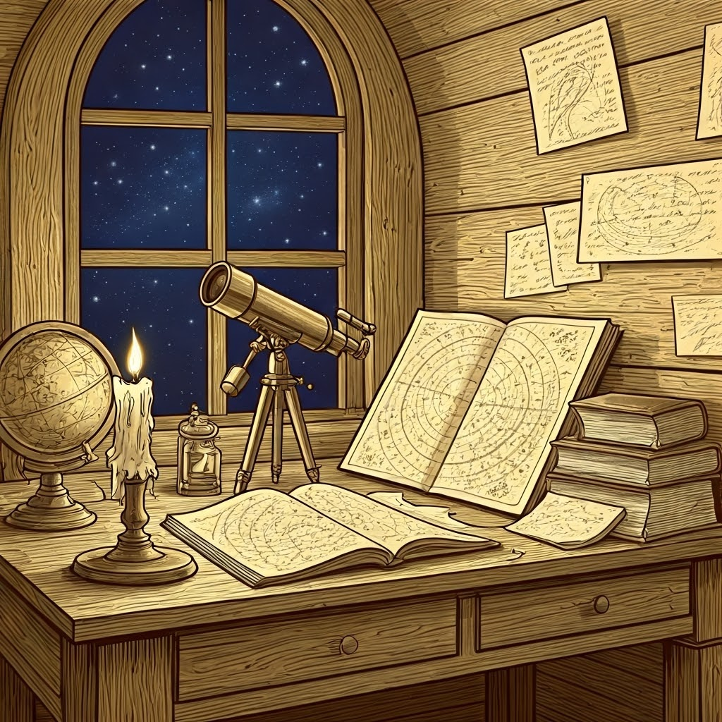 Sepia-toned 19th-century astronomer sketching star maps by candlelight