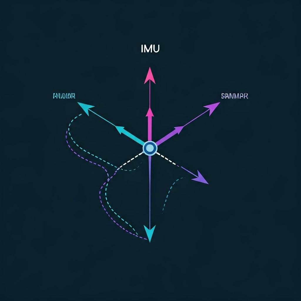 Three orthogonal gyroscopes forming an IMU, colored arrows track their axes.