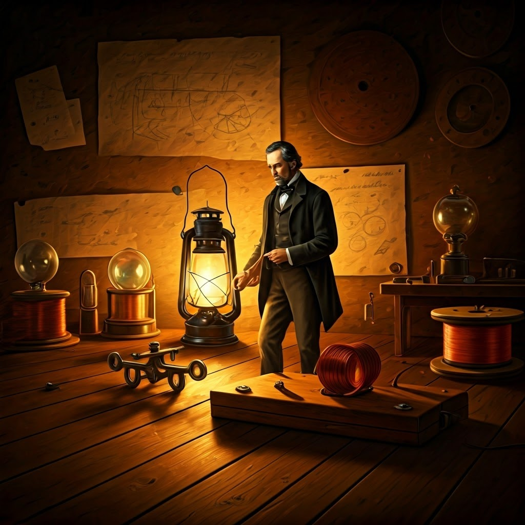 Samuel Morse in a workshop tapping a telegraph key amid coils of copper wire and patent sketches