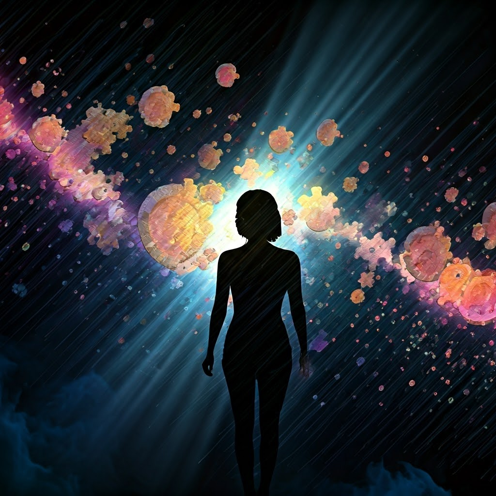 Puzzle pieces of tokens merging around silhouettes, symbolizing leaderless cooperation