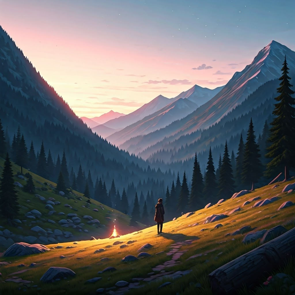 A traveler on a hilltop notices smoke curling from a far campfire, sparking curiosity without explicit markers.