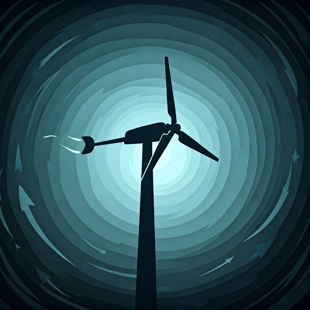 Simple blade and sail shapes showing wind arrows pushing and spinning them.