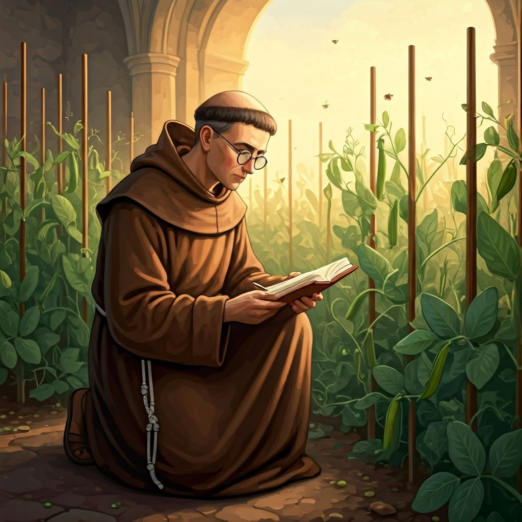 Gregor Mendel observes pea plants in a monastery garden, setting the stage for genetics.